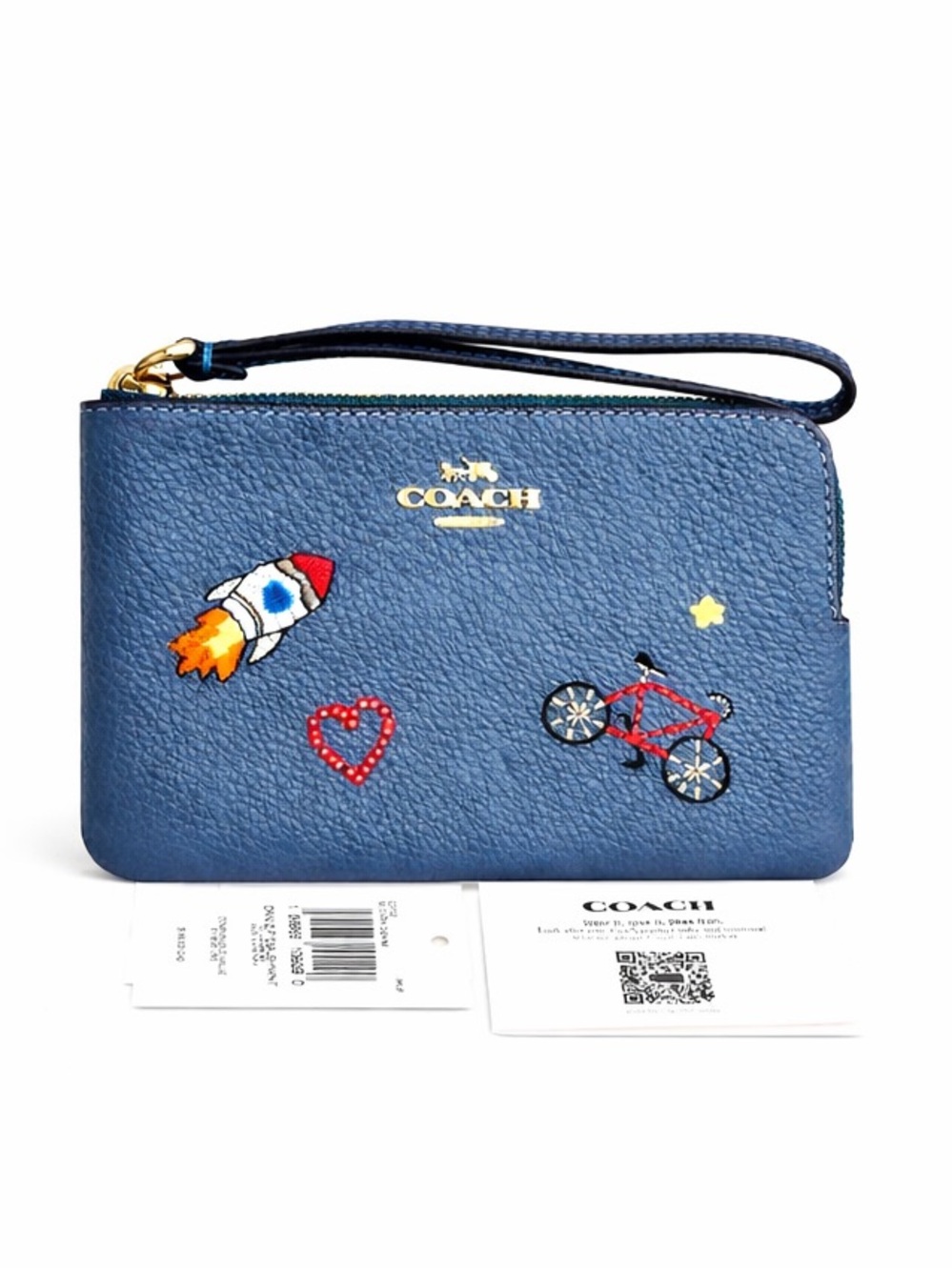 COACH ‘Dark Denim’ Rocket & Bike Corner Zip Embroidered Leather Wristlet NWT
